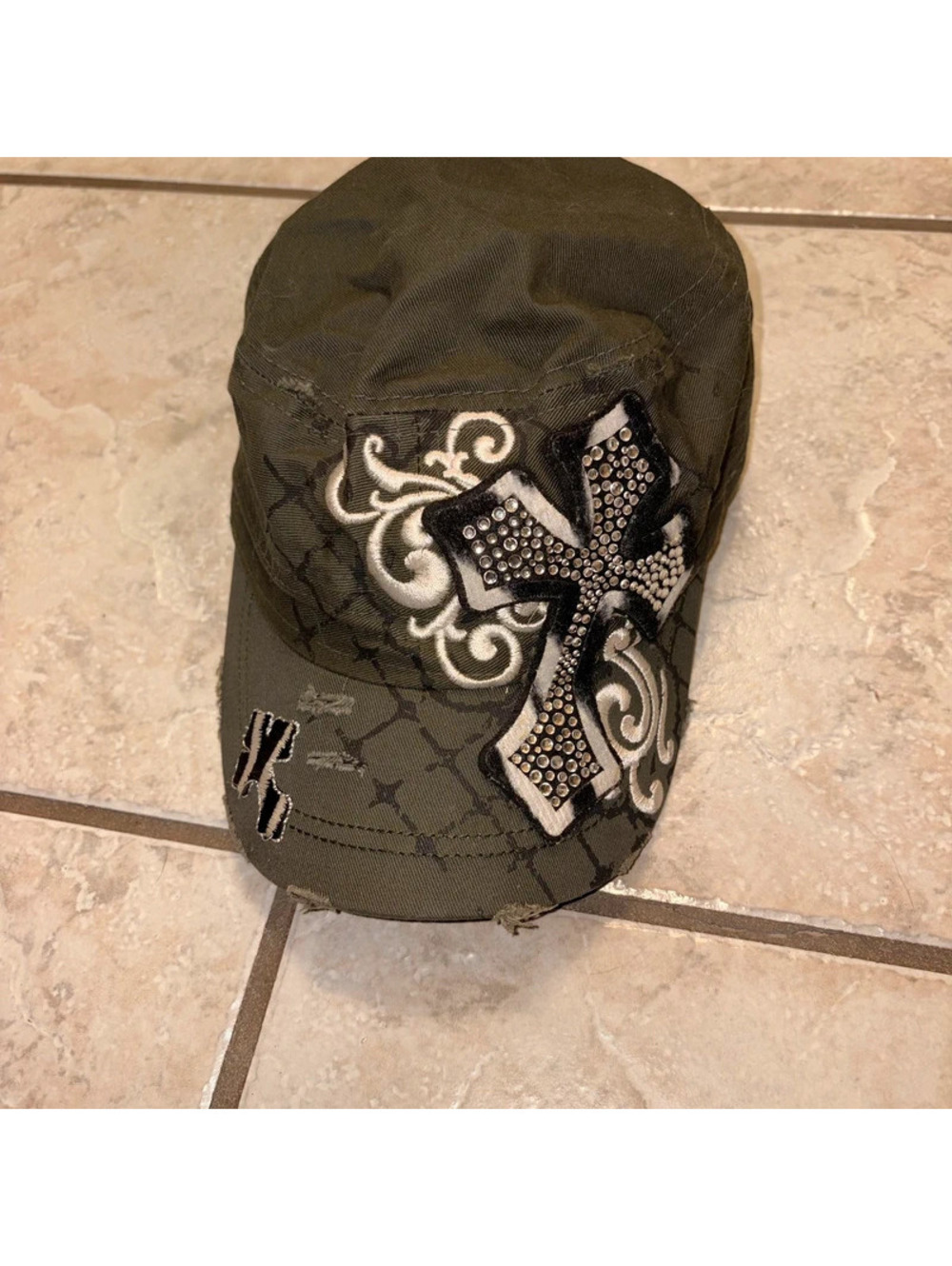 Vintage Y2K Grunge Alternative Green Bedazzled Cross and Paisley Hat